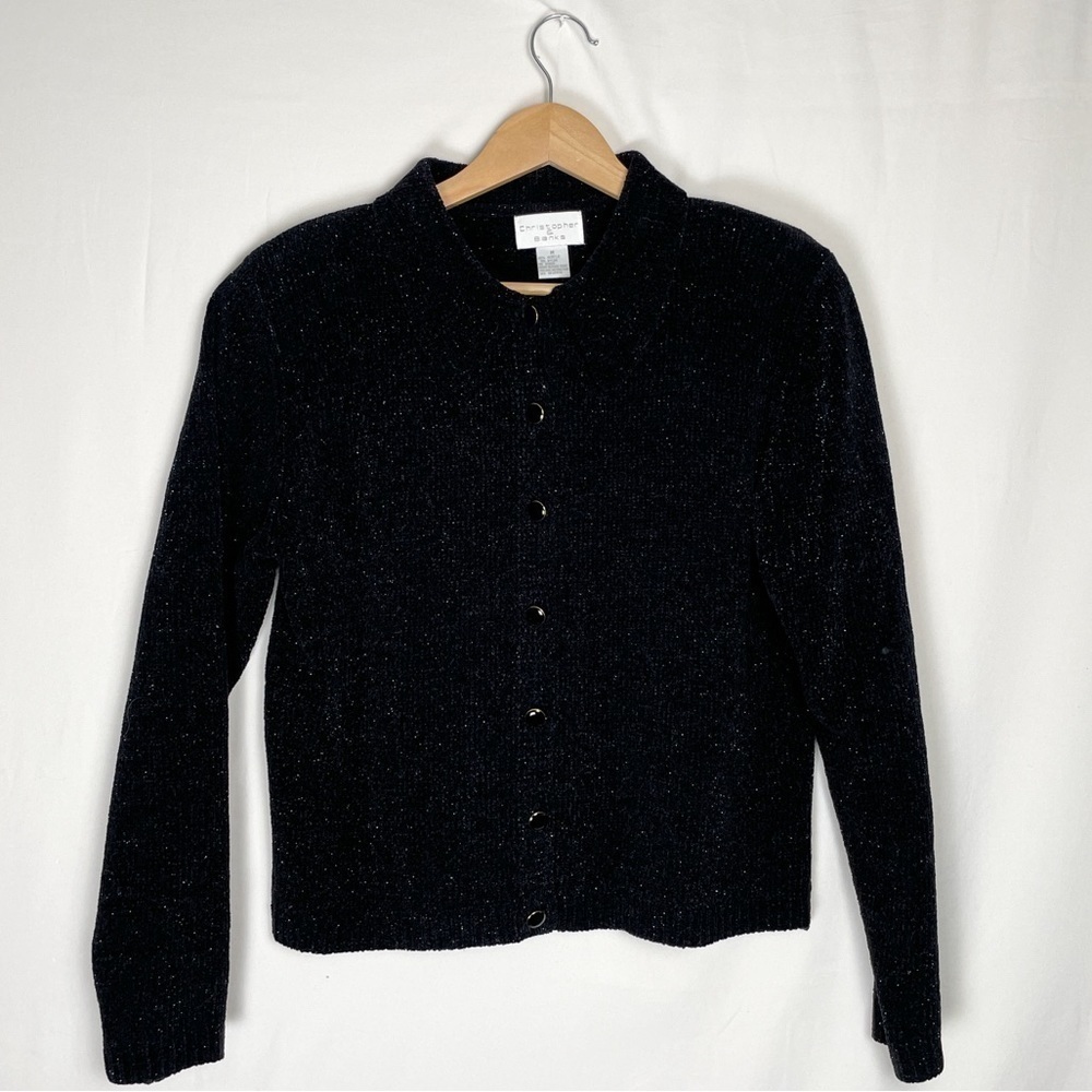 VTG Christopher&Banks Black collared Shimmer Crushed Velvet Button down Sweater